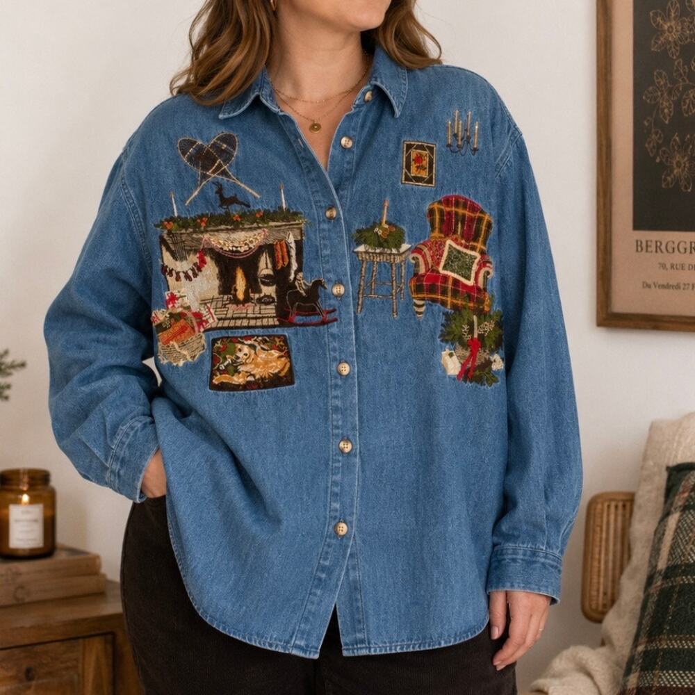 Vintage Cambridge Dry Goods Embroidered Denim Cabin Christmas Shirt XL